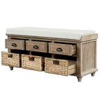 Banc de rangement rustique avec 3 tiroirs et 3 paniers en rotin, banc à chaussures pour salon, entrée