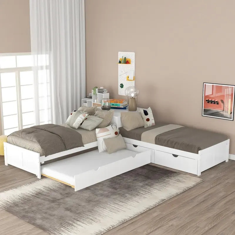 Lit plateforme en L moderne blanc de taille double avec lit gigogne et tiroirs pour chambre à coucher