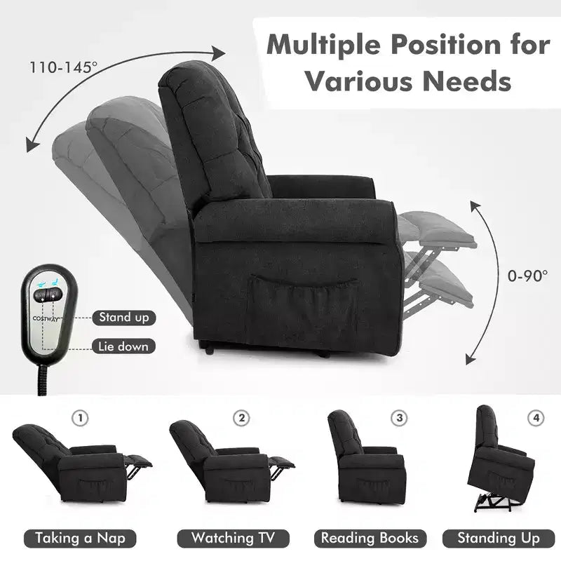 Fauteuil inclinable électrique Costway pour personnes âgées avec poches latérales et télécommande Noir/Marron