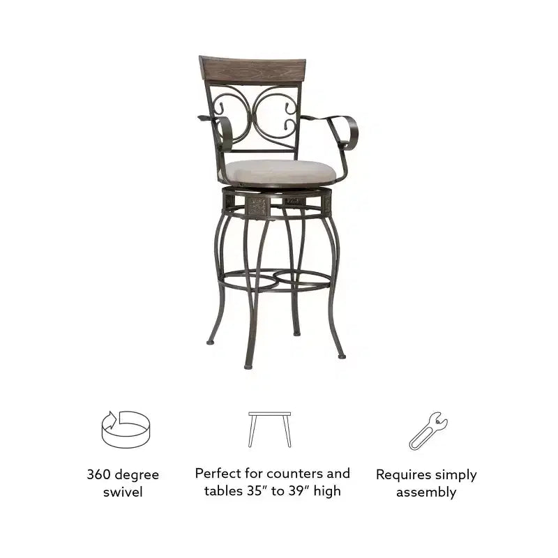 Tabouret de bar pivotant en similicuir et métal, avec accoudoirs, grand format, Nora - Linon