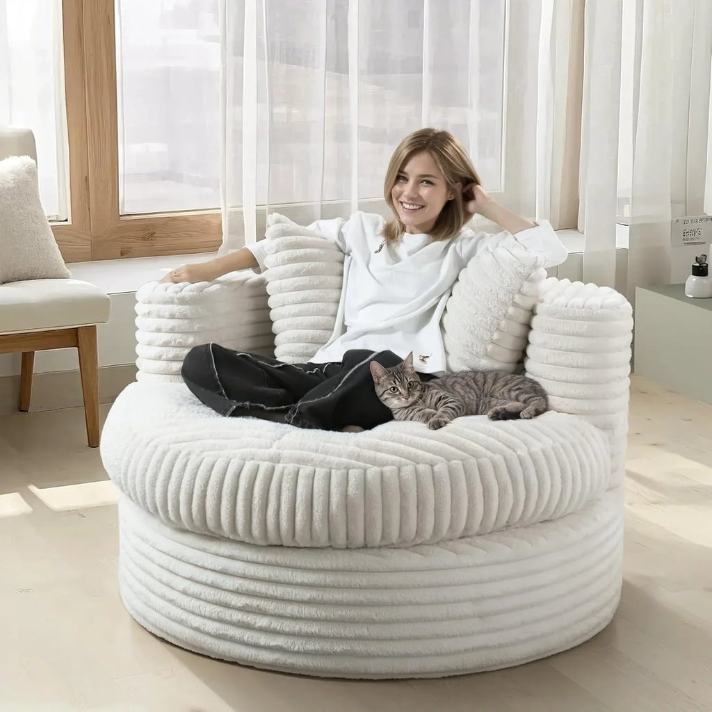 WOWMAX 47 Chaise Longue Ronde Intérieure, Canapé de Sol Surdimensionné en Velours Côtelé avec 2 Coussins Décoratifs