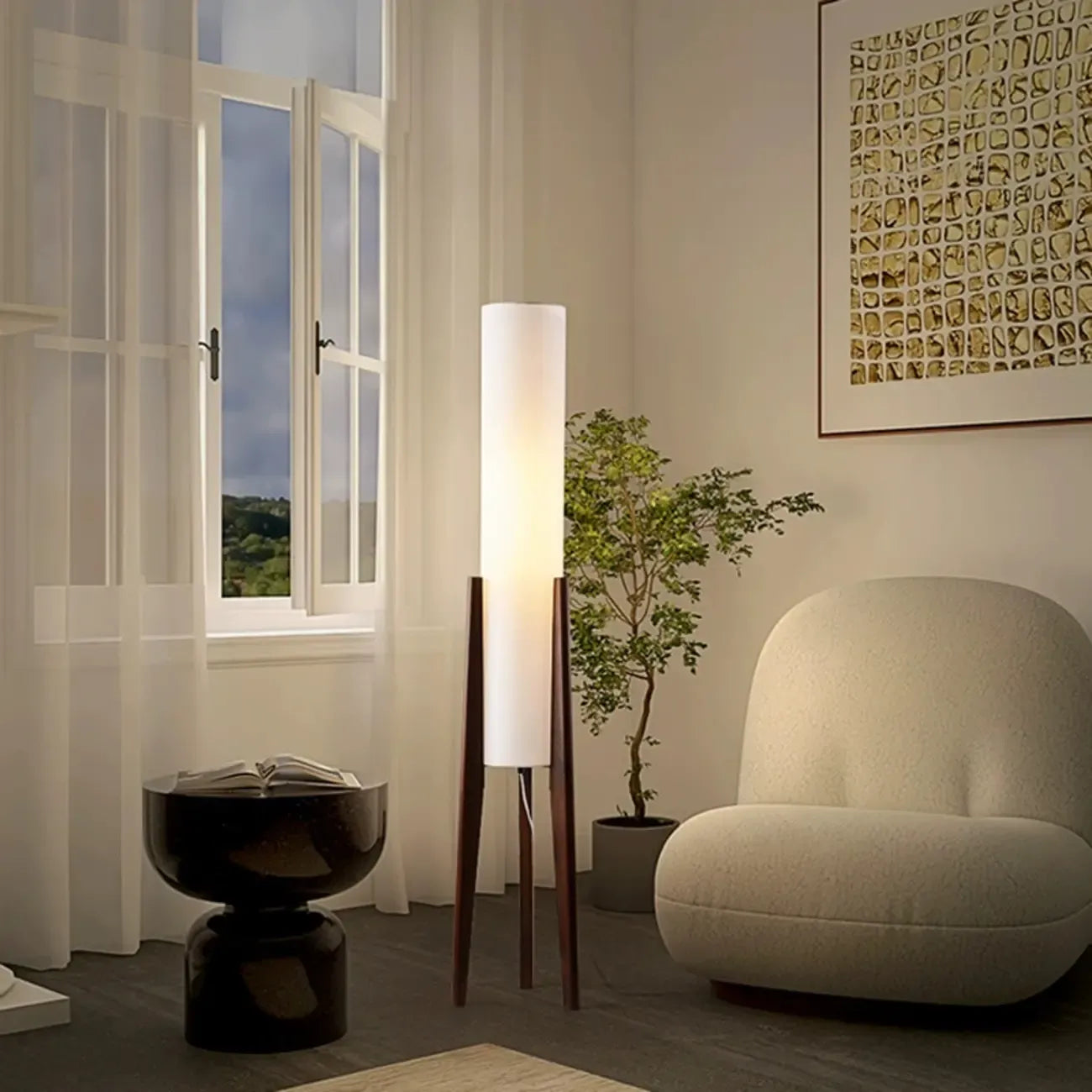 Vintage Wooden Torch LED Floor Lamps with Fabric Shade