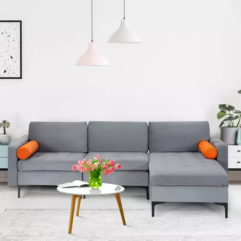 Costway Modular L-shaped Sectional Sofa with Reversible Chaise & 2 USB Ports Ash Grey
