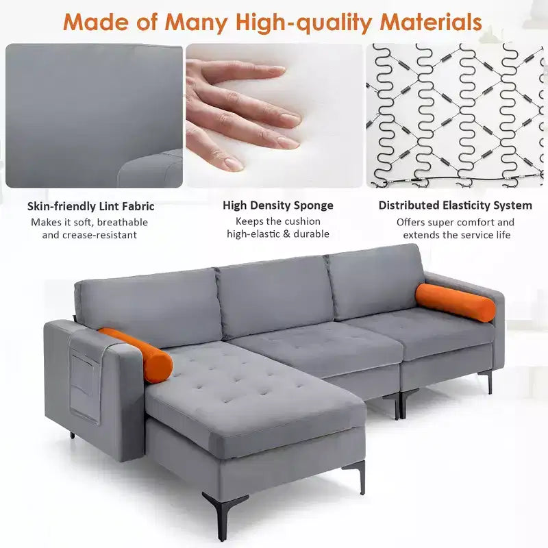 Costway Modular L-shaped Sectional Sofa with Reversible Chaise & 2 USB Ports Ash Grey