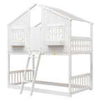 Lit superposé cabane jumeau sur jumeau avec toit, fenêtre, jardinière, porte, barrières de sécurité et échelle, gris