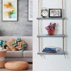 3-Tier Sorbus Rustic Wood Hanging Shelf - Storage Rope Organizer Rack, Floating Display Shelves (Grey)