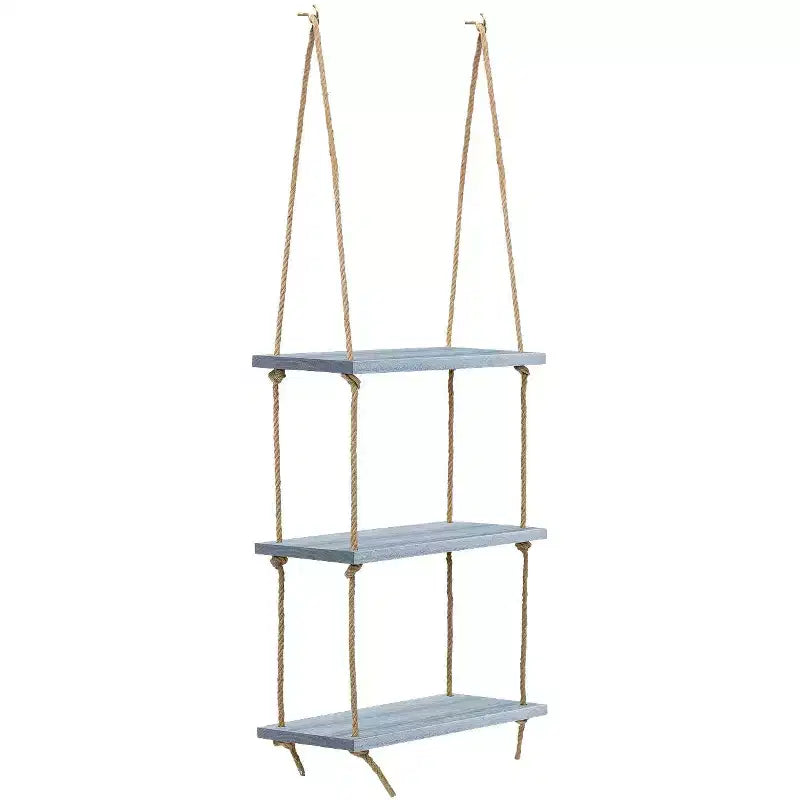 3-Tier Sorbus Rustic Wood Hanging Shelf - Storage Rope Organizer Rack, Floating Display Shelves (Grey)