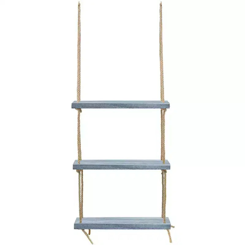 3-Tier Sorbus Rustic Wood Hanging Shelf - Storage Rope Organizer Rack, Floating Display Shelves (Grey)
