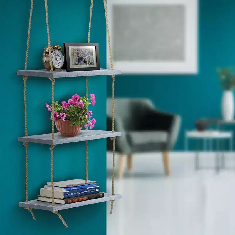 3-Tier Sorbus Rustic Wood Hanging Shelf - Storage Rope Organizer Rack, Floating Display Shelves (Grey)
