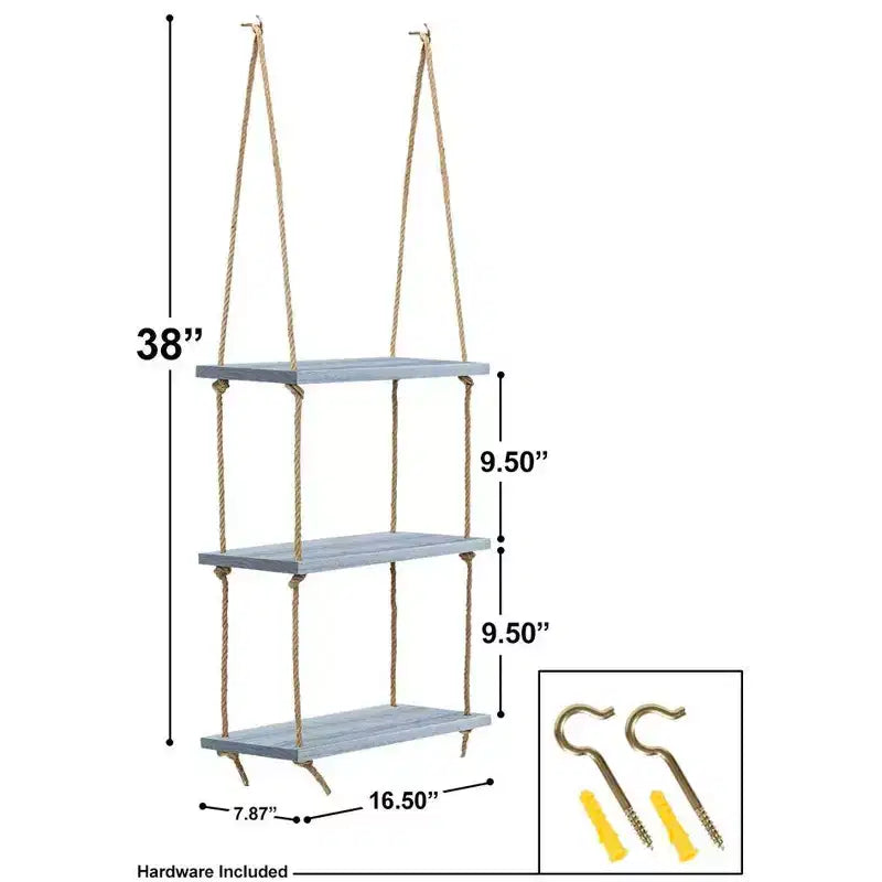3-Tier Sorbus Rustic Wood Hanging Shelf - Storage Rope Organizer Rack, Floating Display Shelves (Grey)
