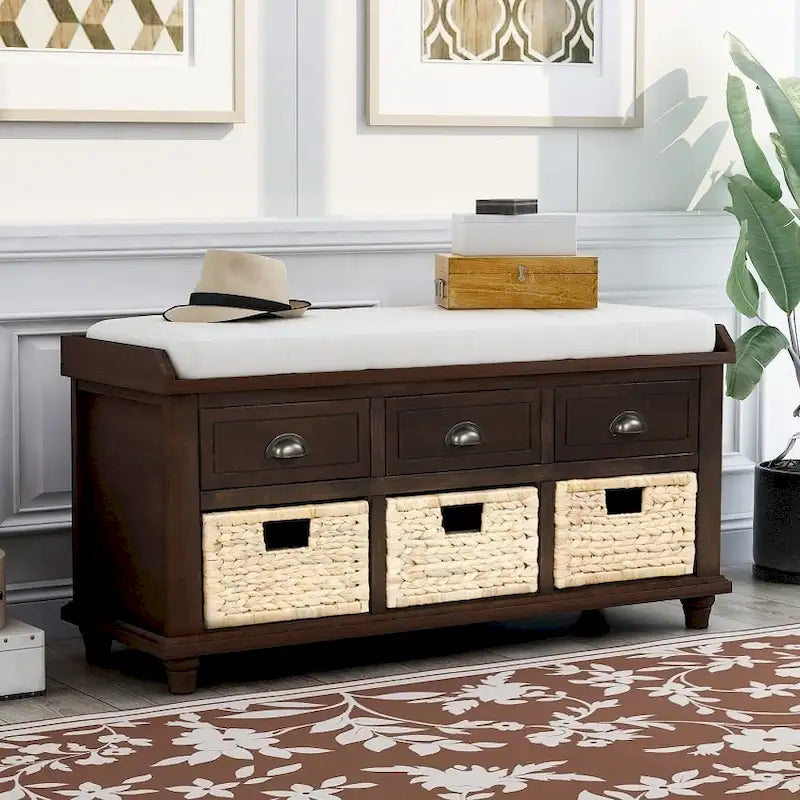 Banc de rangement rustique avec 3 tiroirs et 3 paniers en rotin, banc à chaussures pour salon, entrée