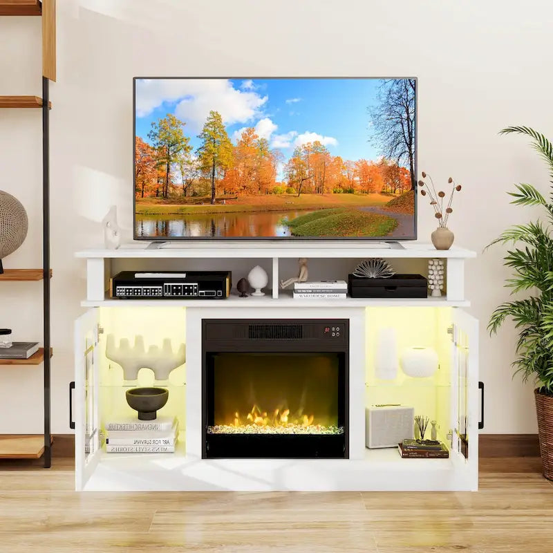 Meuble TV avec cheminée électrique, lumières LED et télécommandes