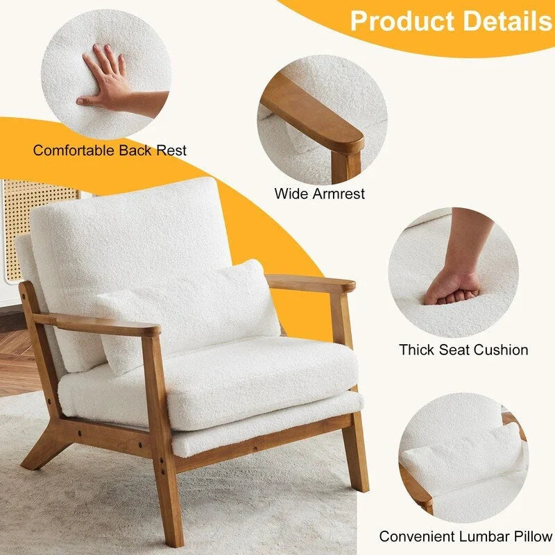 Fauteuil d'appoint rembourré en mélange de lin avec pieds en bois et un oreiller beige