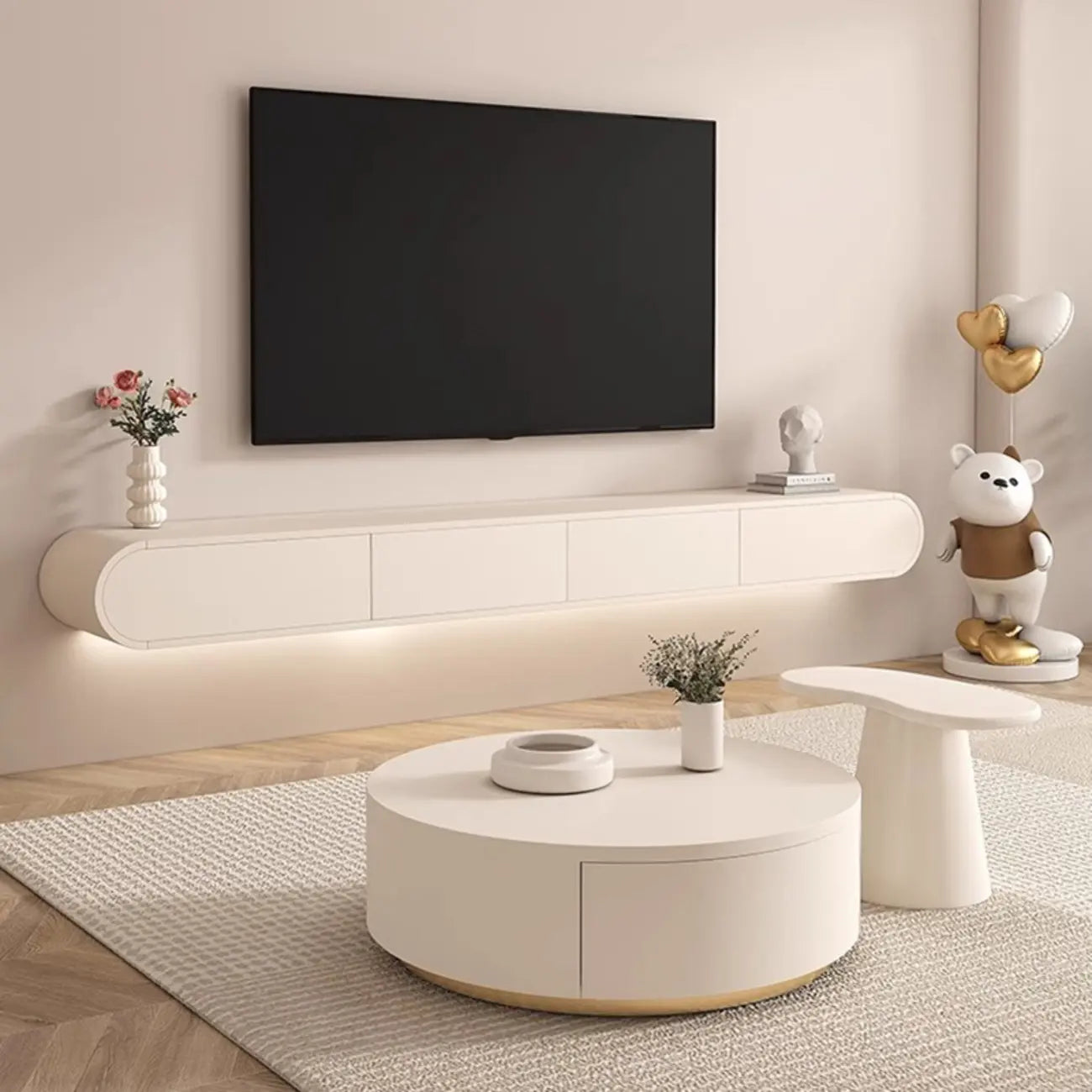 Meuble TV flottant en bois blanc avec rangement pour le salon
