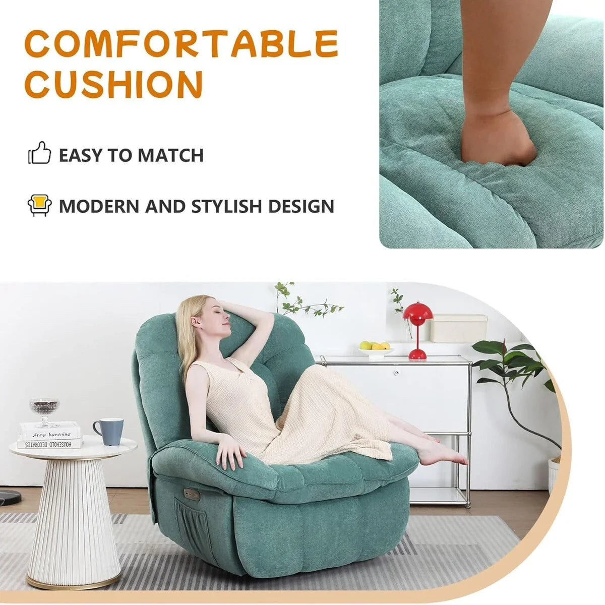 Fauteuil inclinable pivotant XINMICS, Fauteuils inclinables à bascule de massage avec fonction chauffante, ports USB, USB-C et pochette latérale