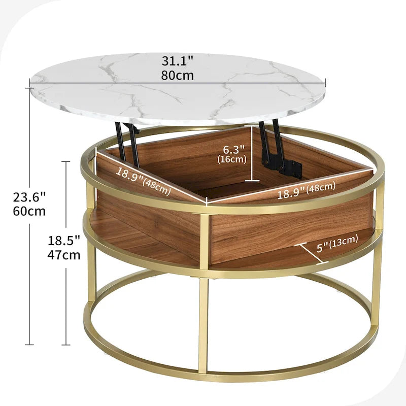 Table basse ronde relevable et extensible avec rangement dissimulé