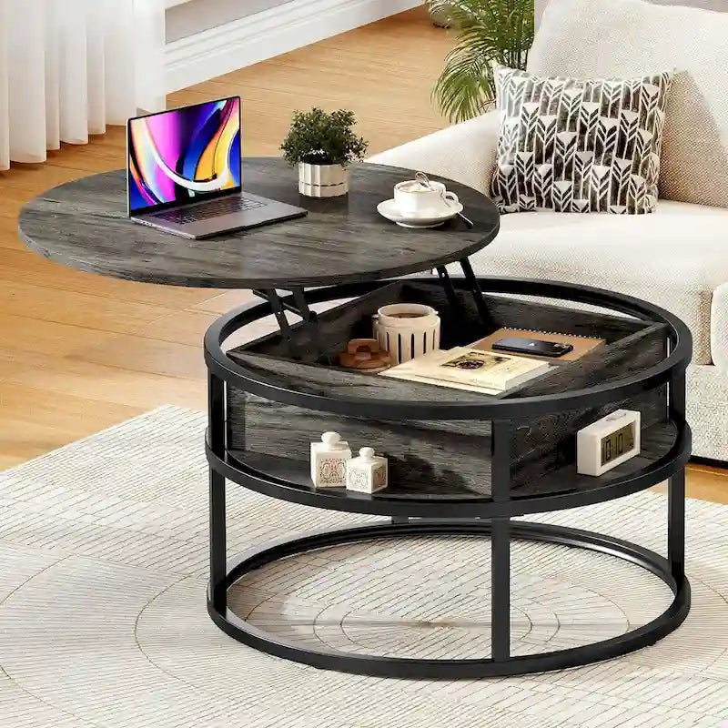 Table basse ronde relevable et extensible avec rangement dissimulé