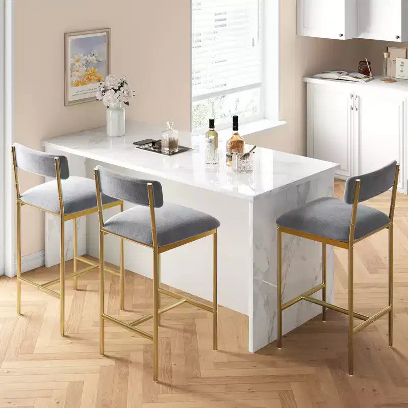Bar Stools Set of 2, Kitchen Bar Stools with Footrest, Velvet Upholstered Counter Height Barstool, Bar Chairs for Kitchen Island, Counter, Gray-Gold