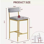 Bar Stools Set of 2, Kitchen Bar Stools with Footrest, Velvet Upholstered Counter Height Barstool, Bar Chairs for Kitchen Island, Counter, Gray-Gold