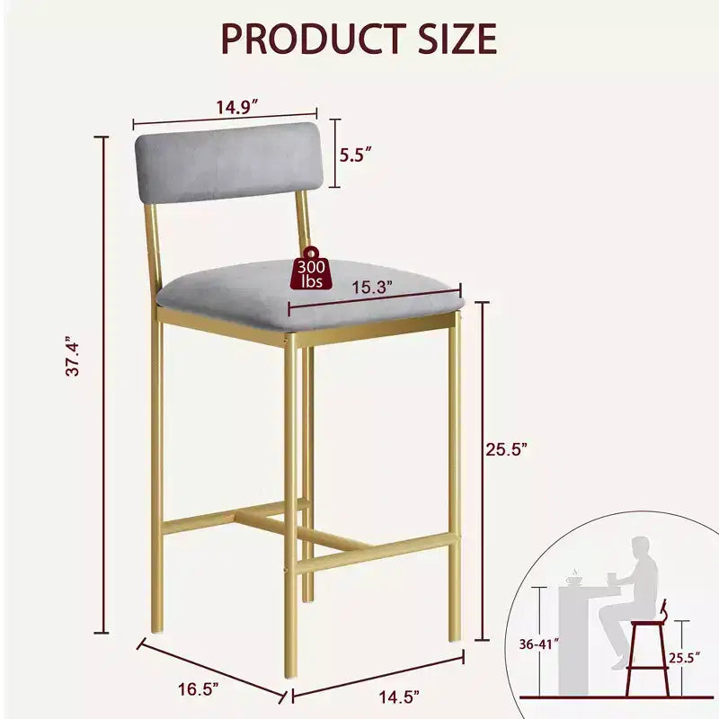 Bar Stools Set of 2, Kitchen Bar Stools with Footrest, Velvet Upholstered Counter Height Barstool, Bar Chairs for Kitchen Island, Counter, Gray-Gold