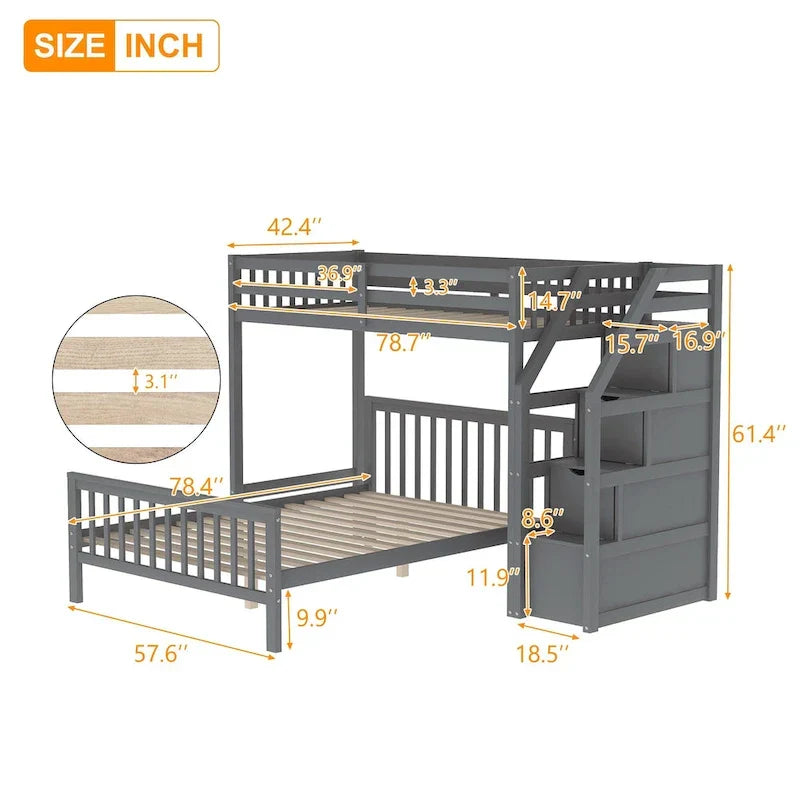 Lit mezzanine double sur lit double en bois avec escalier, balustrades hautes et échelle