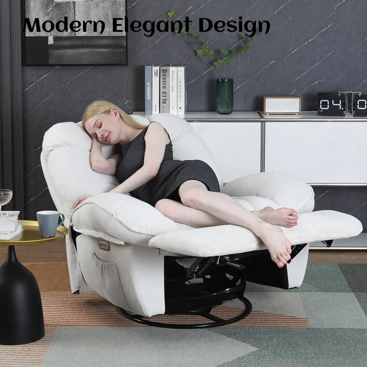 Fauteuil inclinable pivotant XINMICS, Fauteuils inclinables à bascule de massage avec fonction chauffante, ports USB, USB-C et pochette latérale