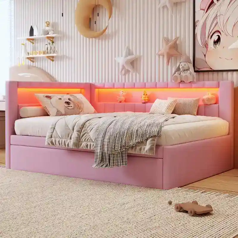 Lit plateforme rembourré avec ports USB et éclairage LED - Cadre de lit double/simple avec 2 tiroirs de rangement - Chambre à coucher moderne