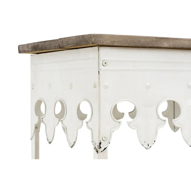 Console en métal finition zinc et bois à bord festonné