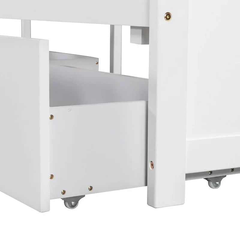 Lit plateforme en L moderne blanc de taille double avec lit gigogne et tiroirs pour chambre à coucher