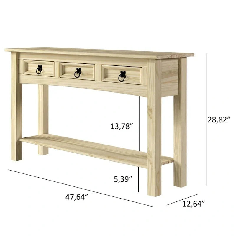 Console de couloir rustique en pin massif, blanc cérusé / marron antique / gris cérusé / non peinte, 3 tiroirs