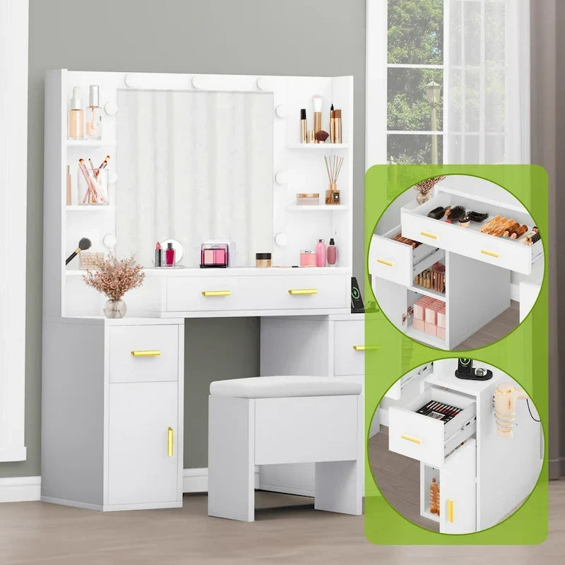 Coiffeuse avec prises intégrées et miroir éclairé, 55,1H x 43,3L x 15,74P