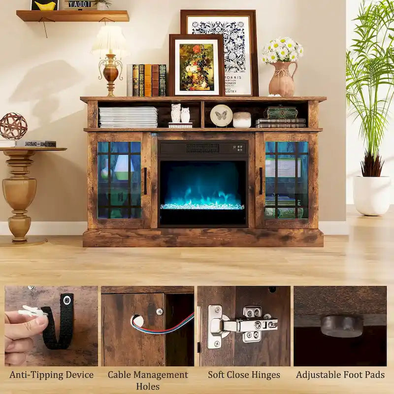 Meuble TV avec cheminée électrique, lumières LED et télécommandes