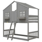 Lit superposé cabane jumeau sur jumeau avec toit, fenêtre, jardinière, porte, barrières de sécurité et échelle, gris