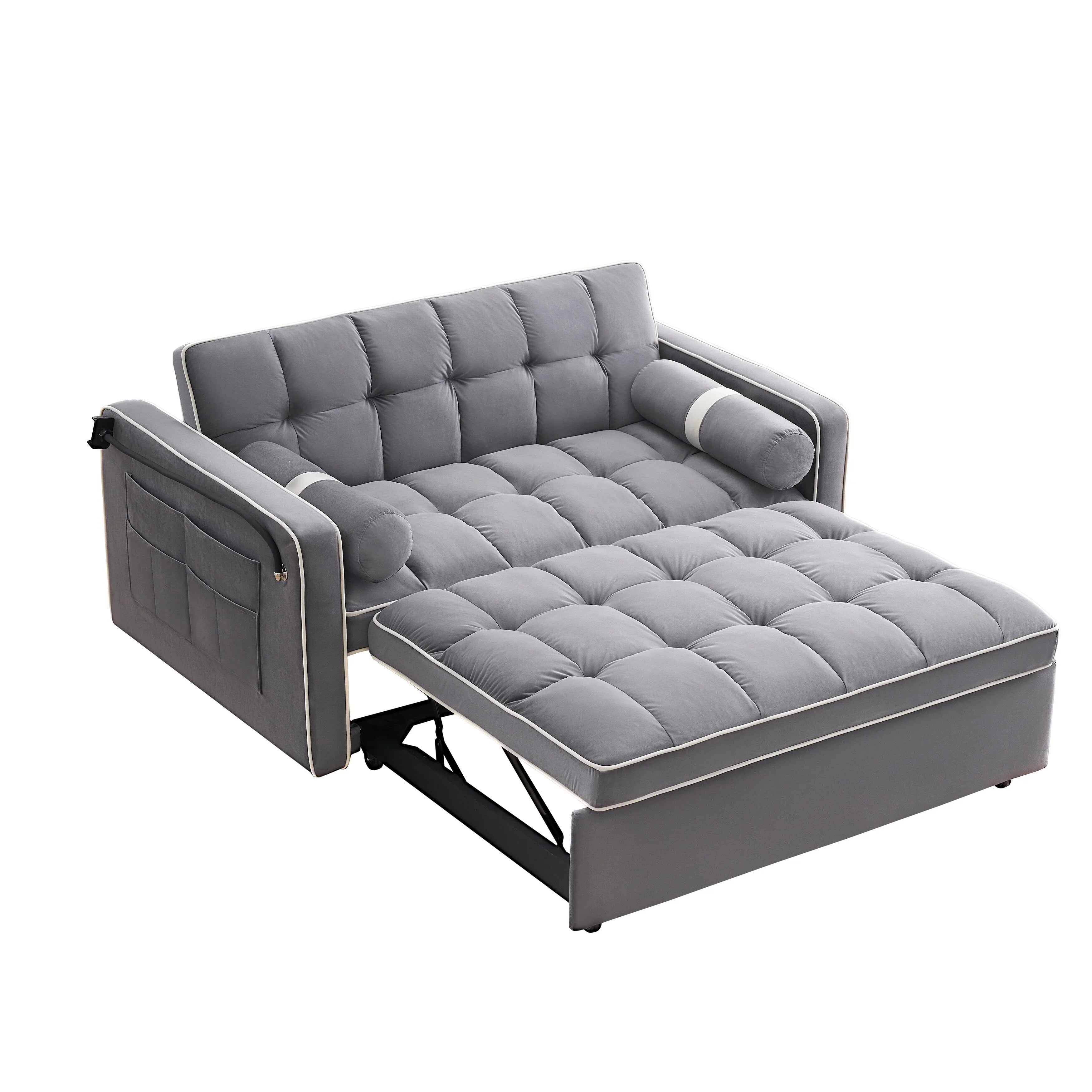 Canapé-lit convertible en velours 55'' 2 places avec lit gigogne, dossier inclinable, poches latérales et support de téléphone