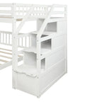 Lit mezzanine double sur lit double en bois avec escalier, balustrades hautes et échelle