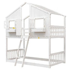 Lit superposé cabane jumeau sur jumeau avec toit, fenêtre, jardinière, porte, barrières de sécurité et échelle, gris
