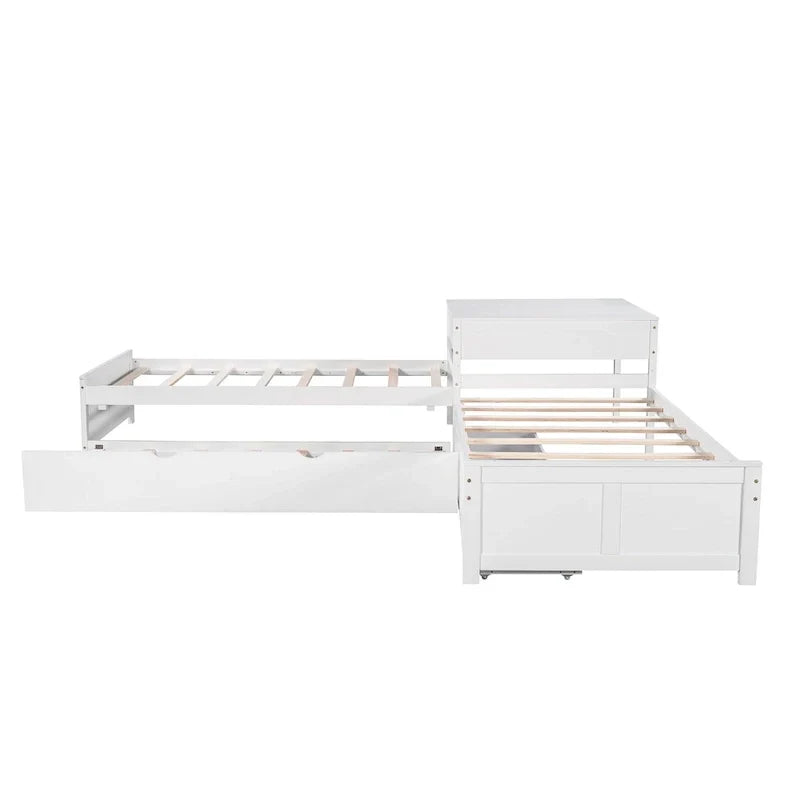 Lit plateforme en L moderne blanc de taille double avec lit gigogne et tiroirs pour chambre à coucher