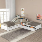 Lit plateforme en L moderne blanc de taille double avec lit gigogne et tiroirs pour chambre à coucher