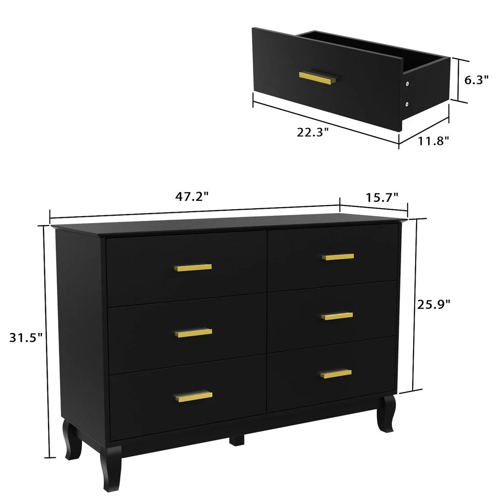 Commode double Timechee 6 tiroirs 47,2 po de largeur, pieds en bois massif, fini laqué
