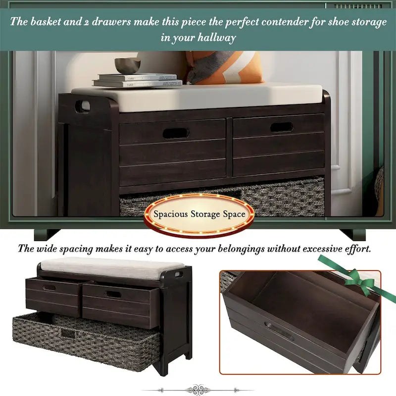 Banc de rangement en bois avec 2 paniers tressés