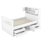 Lit plateforme capitaine double/grand avec 4 tiroirs et étagères de rangement, cadre de lit en bois massif avec tête de lit bibliothèque de rangement