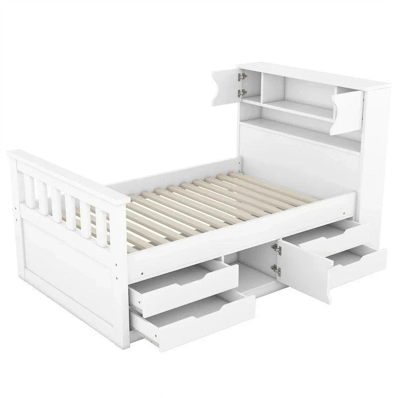 Lit plateforme capitaine double/grand avec 4 tiroirs et étagères de rangement, cadre de lit en bois massif avec tête de lit bibliothèque de rangement
