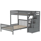 Lit mezzanine double sur lit double en bois avec escalier, balustrades hautes et échelle