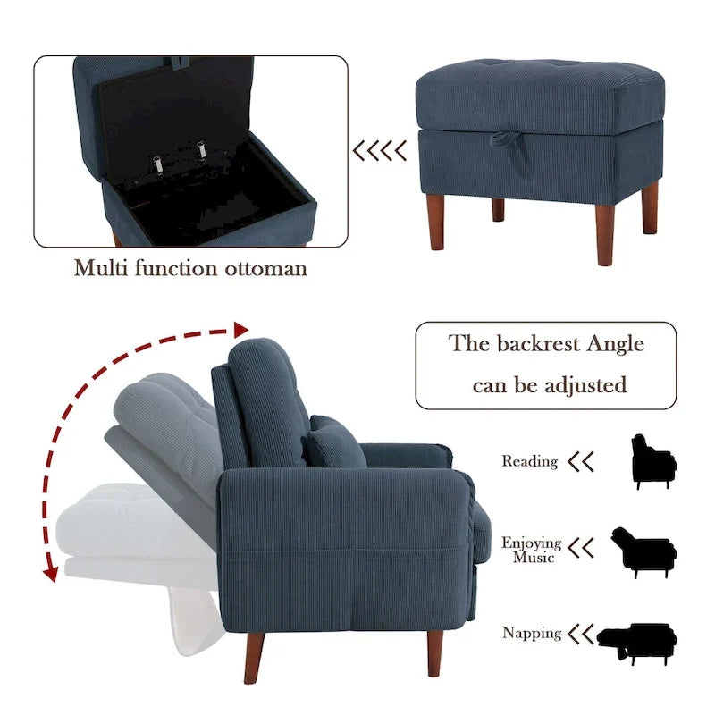 Fauteuil de salon moderne UIXE avec pouf de rangement et dossier réglable