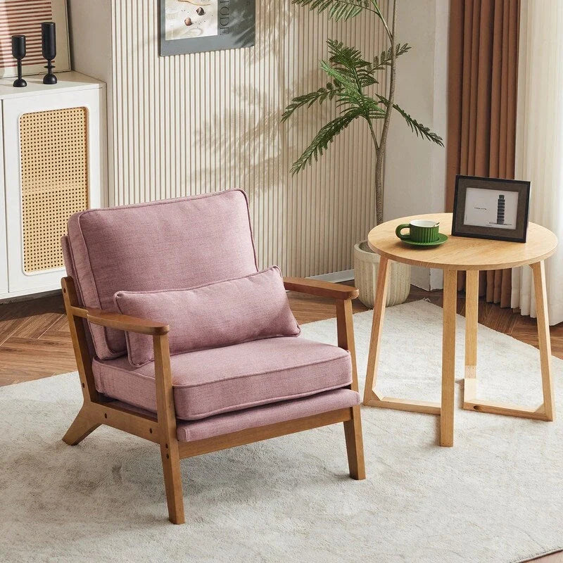 Fauteuil d'appoint rembourré en mélange de lin avec pieds en bois et un oreiller beige