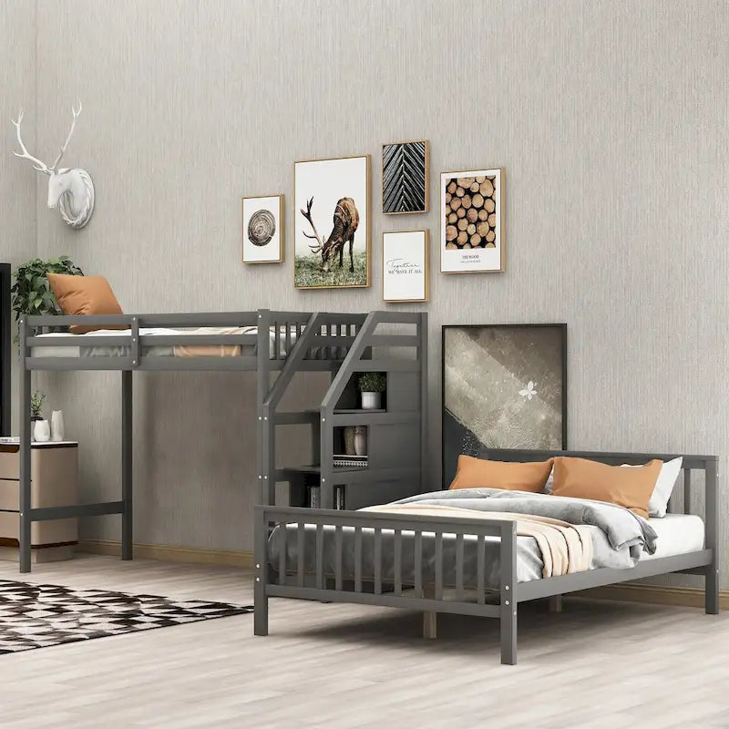 Lit mezzanine double sur lit double en bois avec escalier, balustrades hautes et échelle