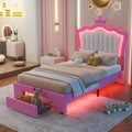Cadre de lit double rembourré avec lumières LED, lit de princesse moderne rembourré avec tête de lit en forme de couronne, un tiroir, rose+blanc