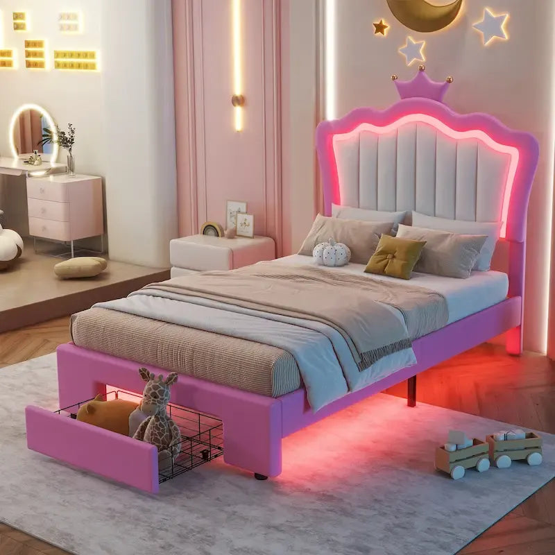 Cadre de lit double rembourré avec lumières LED, lit de princesse moderne rembourré avec tête de lit en forme de couronne, un tiroir, rose+blanc