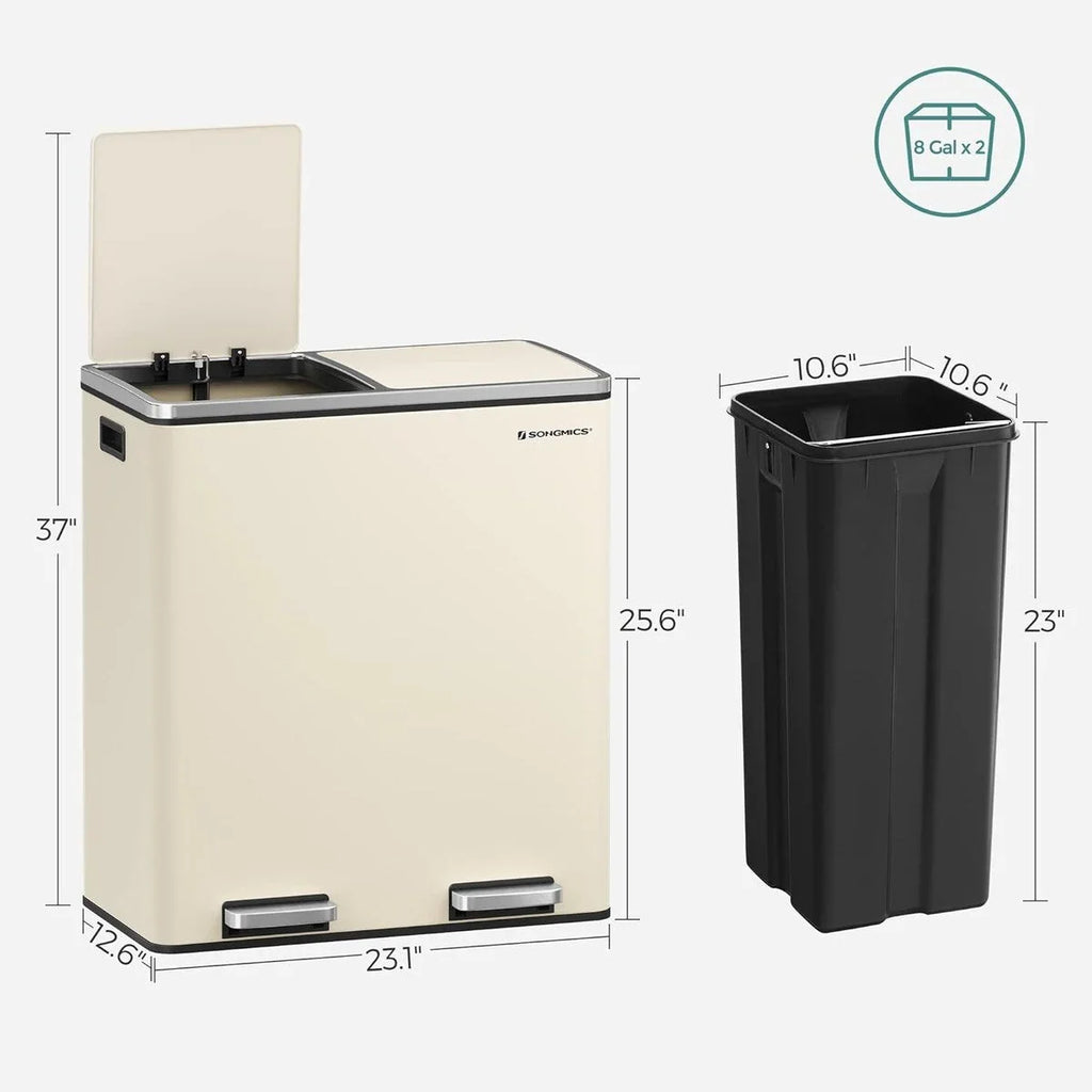 SONGMICS Poubelle double, 60L, en acier inoxydable, amande