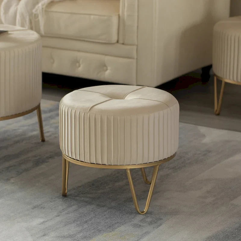 Tabouret pouf rond en velours surélevé avec base dorée épingle à cheveux